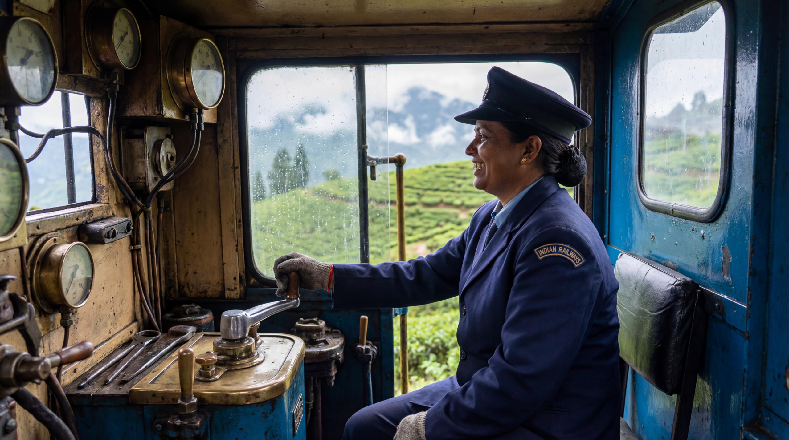 एक महिला लोकोमोटिव पायलट हिमालय के पहाड़ों से होकर मशहूर नीली दार्जिलिंग टॉय ट्रेन चला रही है।
