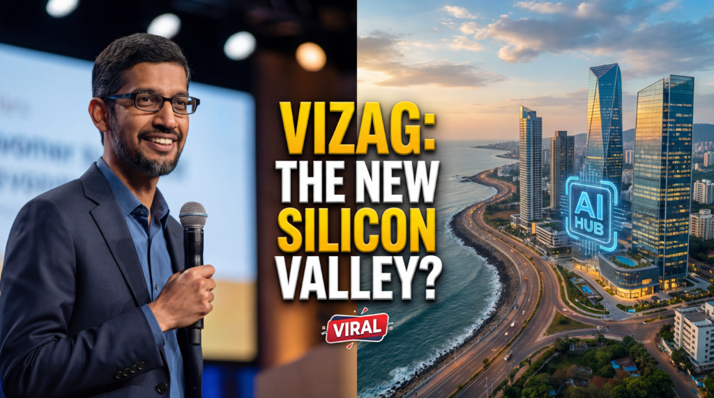 A split-screen image showing Google CEO Sundar Pichai and a futuristic digital representation of the Visakhapatnam coastline as a global AI technology hub.
