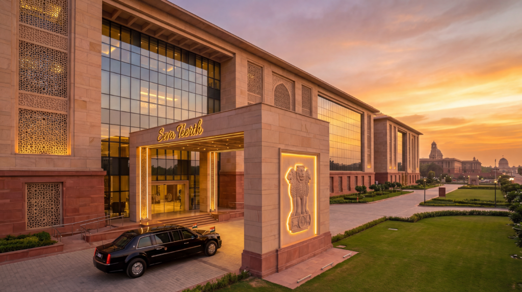 नई दिल्ली में नए हाई-टेक प्रधानमंत्री ऑफिस, सेवा तीर्थ का बाहर का सिनेमैटिक व्यू, जिसमें मॉडर्न इंडियन आर्किटेक्चर और लग्ज़री सिक्योरिटी डिटेल है।