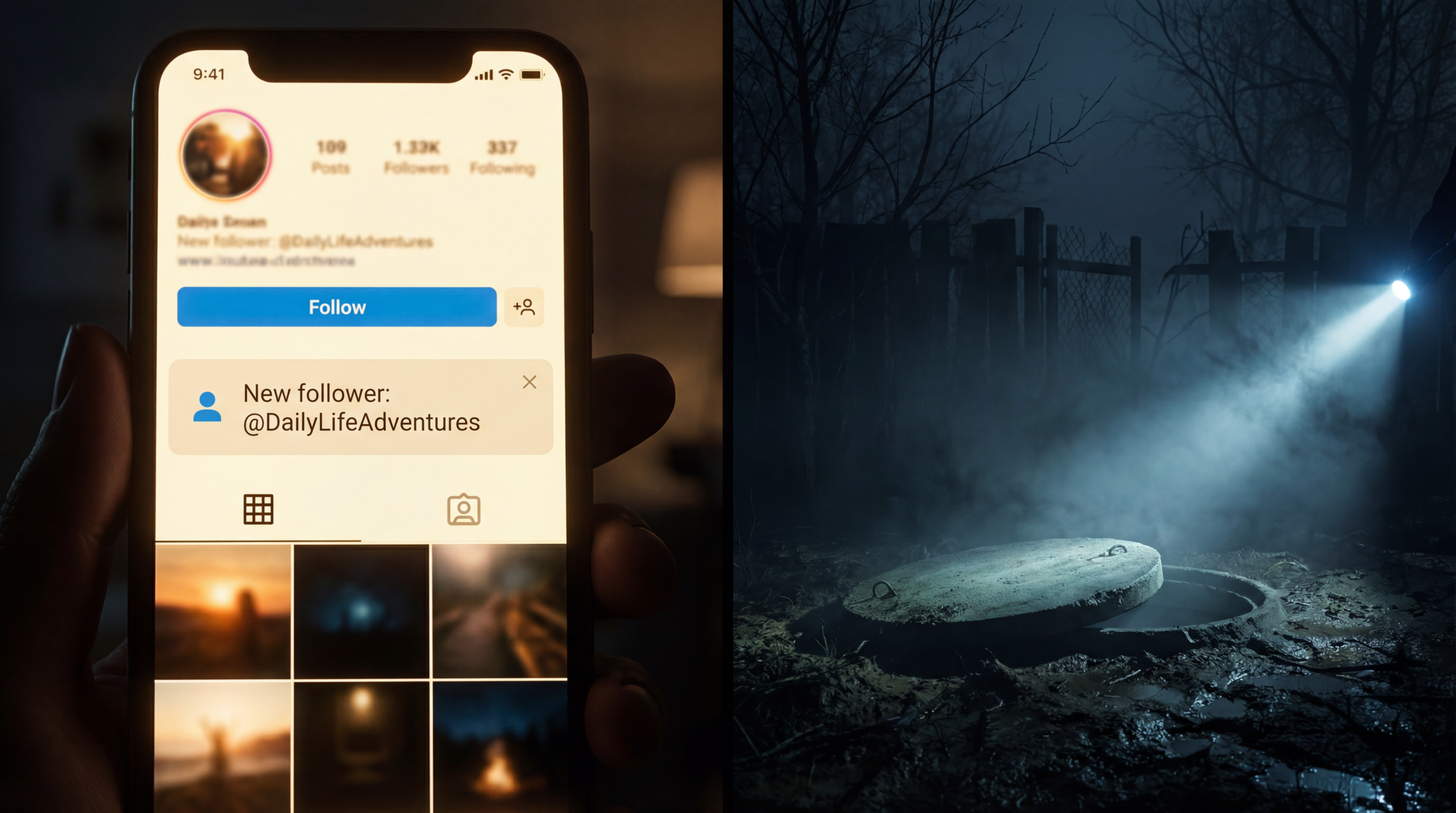 रात में कोहरे वाले खेत में एक अंधेरे, खुले सेप्टिक टैंक के पास इंस्टाग्राम नोटिफिकेशन की स्प्लिट इमेज, जो एक सोशल मीडिया क्राइम स्टोरी की निशानी है।