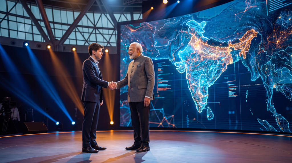 PM Narendra Modi and OpenAI CEO Sam Altman collaborating at the India AI Impact Summit 2026 in Bharat Mandapam, New Delhi.