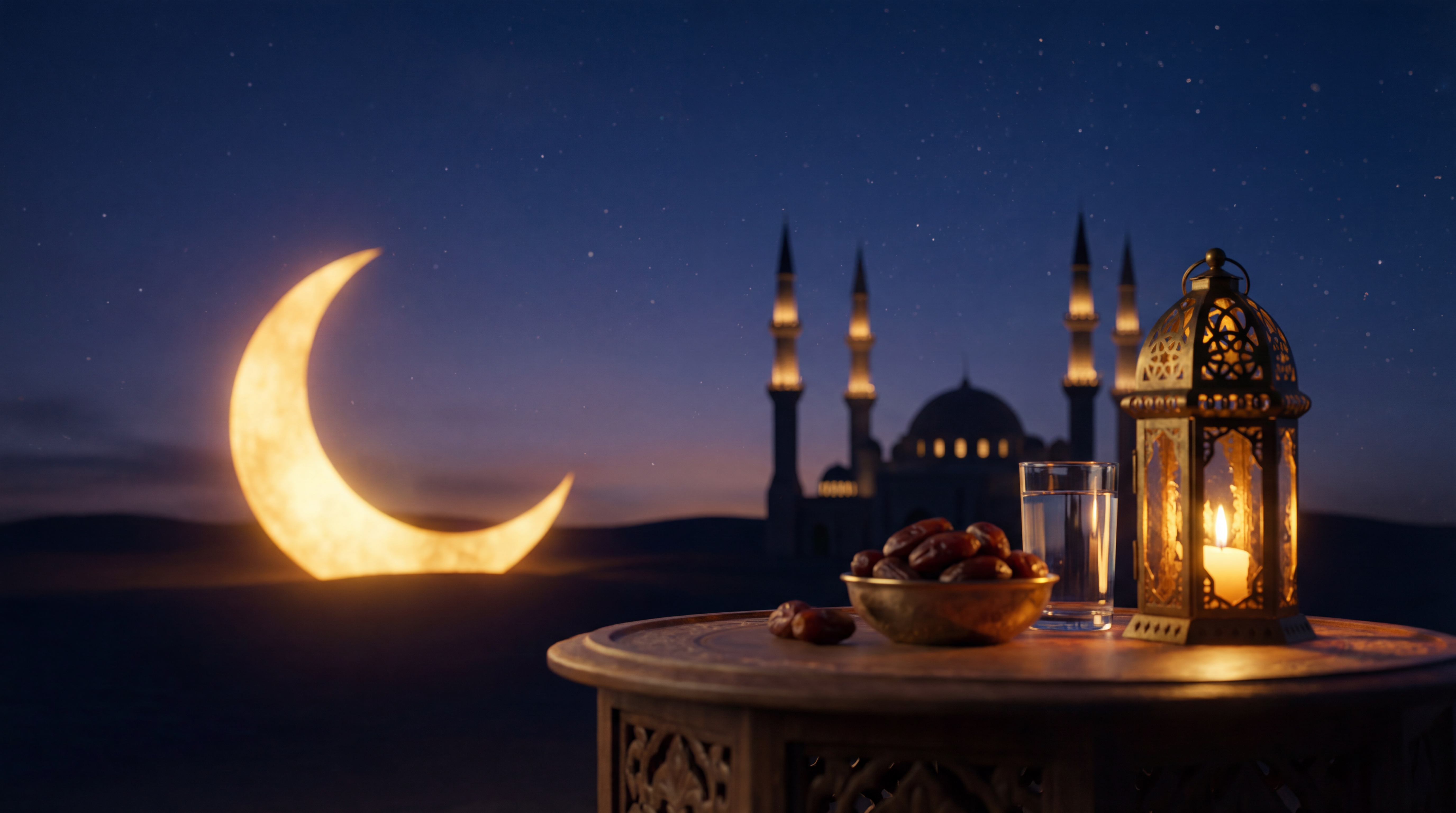 The Ramadan moon shining in the sky, with dates and lanterns placed nearby to mark the timings of Iftar and Sehri.
