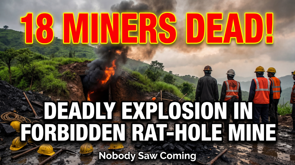 प्राथमिक एटीएल (बड़ा बोल्ड टेक्स्ट):
18 खनिक मरे!
माध्यमिक एटीएल (उपशीर्षक पाठ):
मेघालय की निषिद्ध रैट-होल खदान में घातक विस्फोट - त्रासदी फिर शुरू
अतिरिक्त छोटा पाठ (नीचे):
अवैध खनन भय | बचाव प्रयास विफल