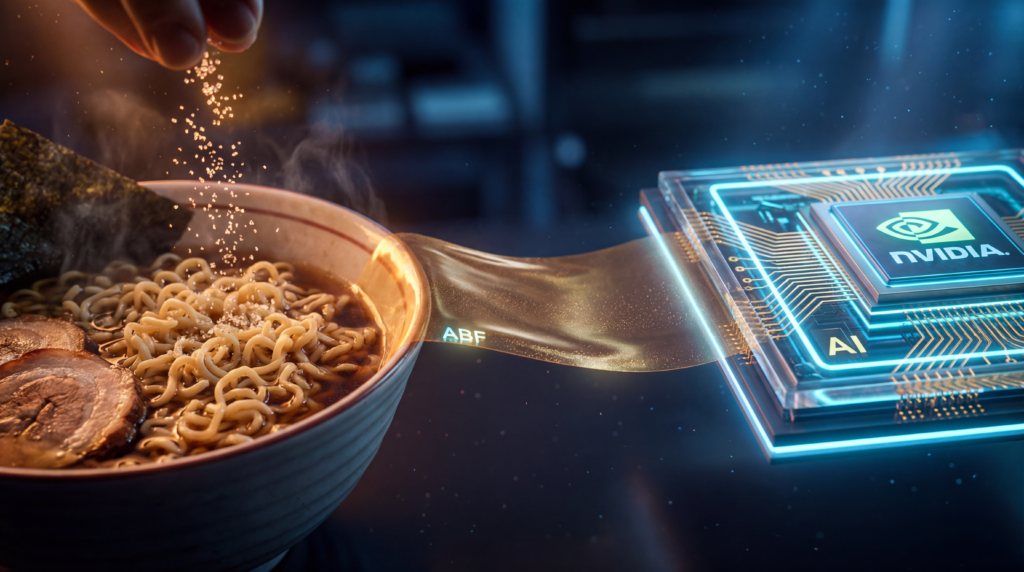 A conceptual image showing Ajinomoto seasoning transforming into a high-tech ABF film layer for an Nvidia AI semiconductor chip.