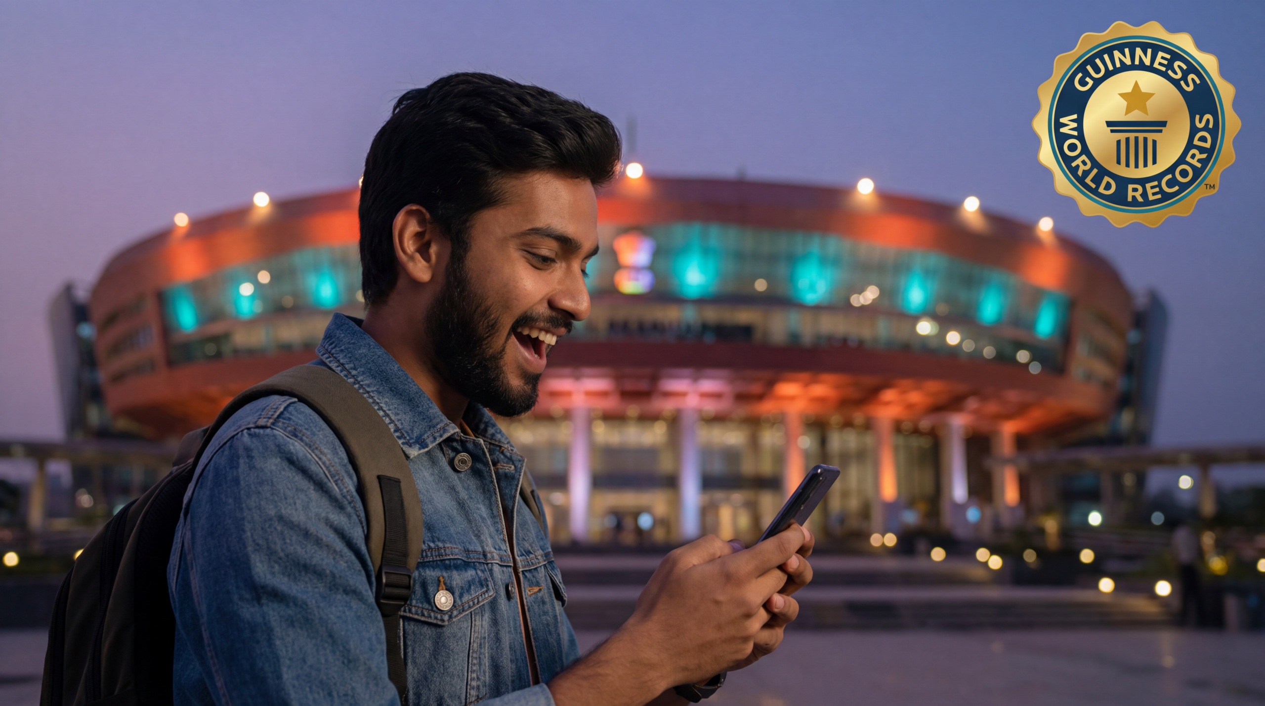 A young Indian student holding a smartphone with the Guinness World Record logo and Bharat Mandapam in the background, symbolizing India's AI achievement.