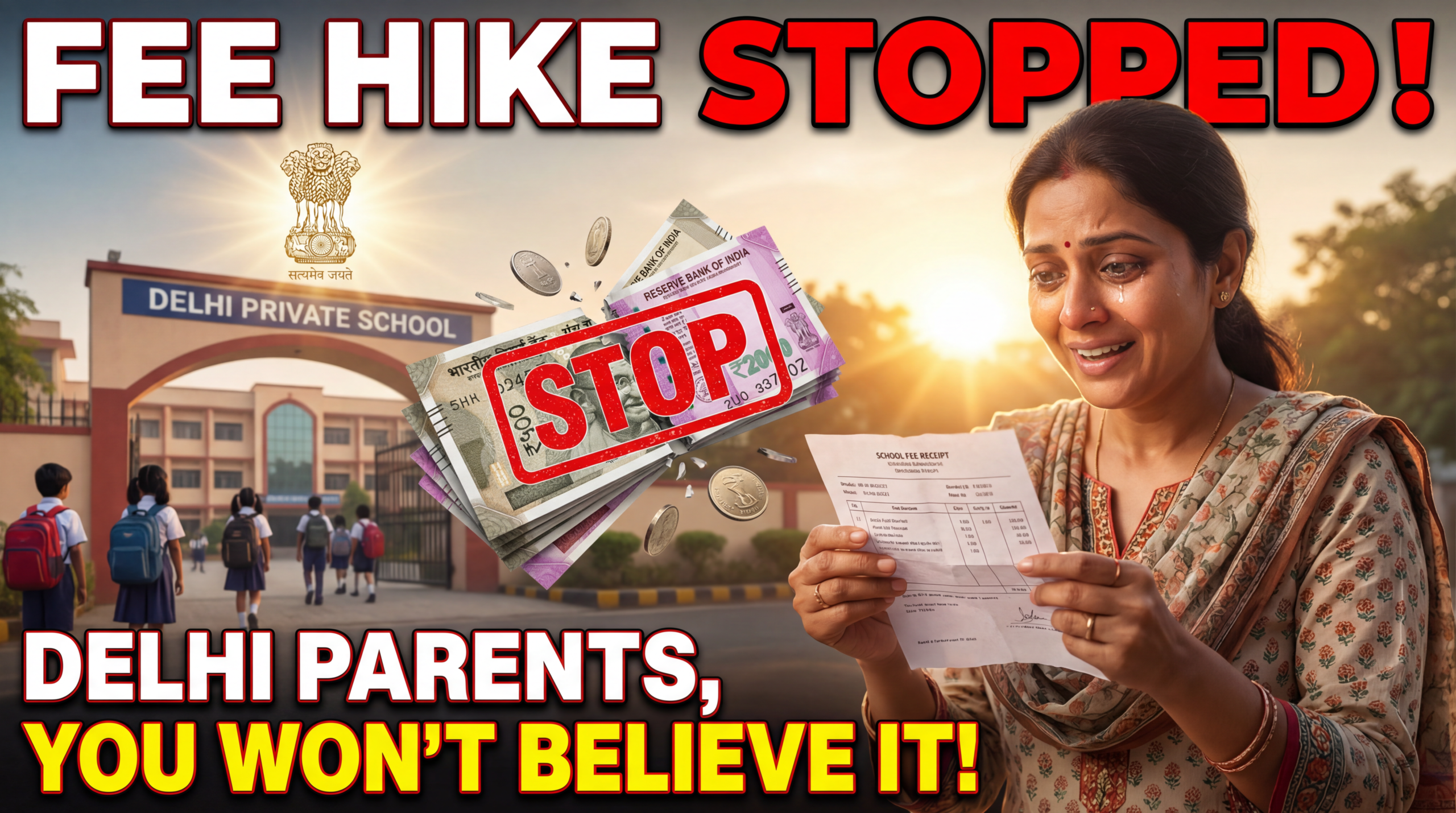 ऊपर की लाइन (बड़े, मोटे पीले अक्षरों में लाल आउटलाइन के साथ): दिल्ली सरकार ने बीच की लाइन (बहुत बड़े सफेद अक्षरों में काली परछाई के साथ): आसमान छूती स्कूल फीस रोकी! नीचे की लाइन (ज़रूरी लाल रंग में): माता-पिता हैरान – नए नियम 2026