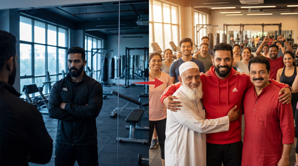 टॉप लाइन (सबसे बड़ा फ़ॉन्ट):
उन्होंने उसका जिम कैंसिल करने की कोशिश की...
बॉटम लाइन (थोड़ा छोटा):
लेकिन आगे जो हुआ, वह इंसानियत में आपका भरोसा फिर से जगा देगा!
छोटा बॉटम टैग:
#JusticeForDeepak