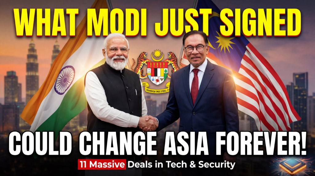 मुख्य शीर्षक (ऊपर - बड़ा पीला):
मोदी ने अभी क्या साइन किया
उप-शीर्षक (बीच/नीचे - बहुत बड़ा सफ़ेद):
यह एशिया को हमेशा के लिए बदल सकता है!
छोटा सबटेक्स्ट (नीचे लाल):
टेक, सुरक्षा और व्यापार में 11 गेम-चेंजिंग डील