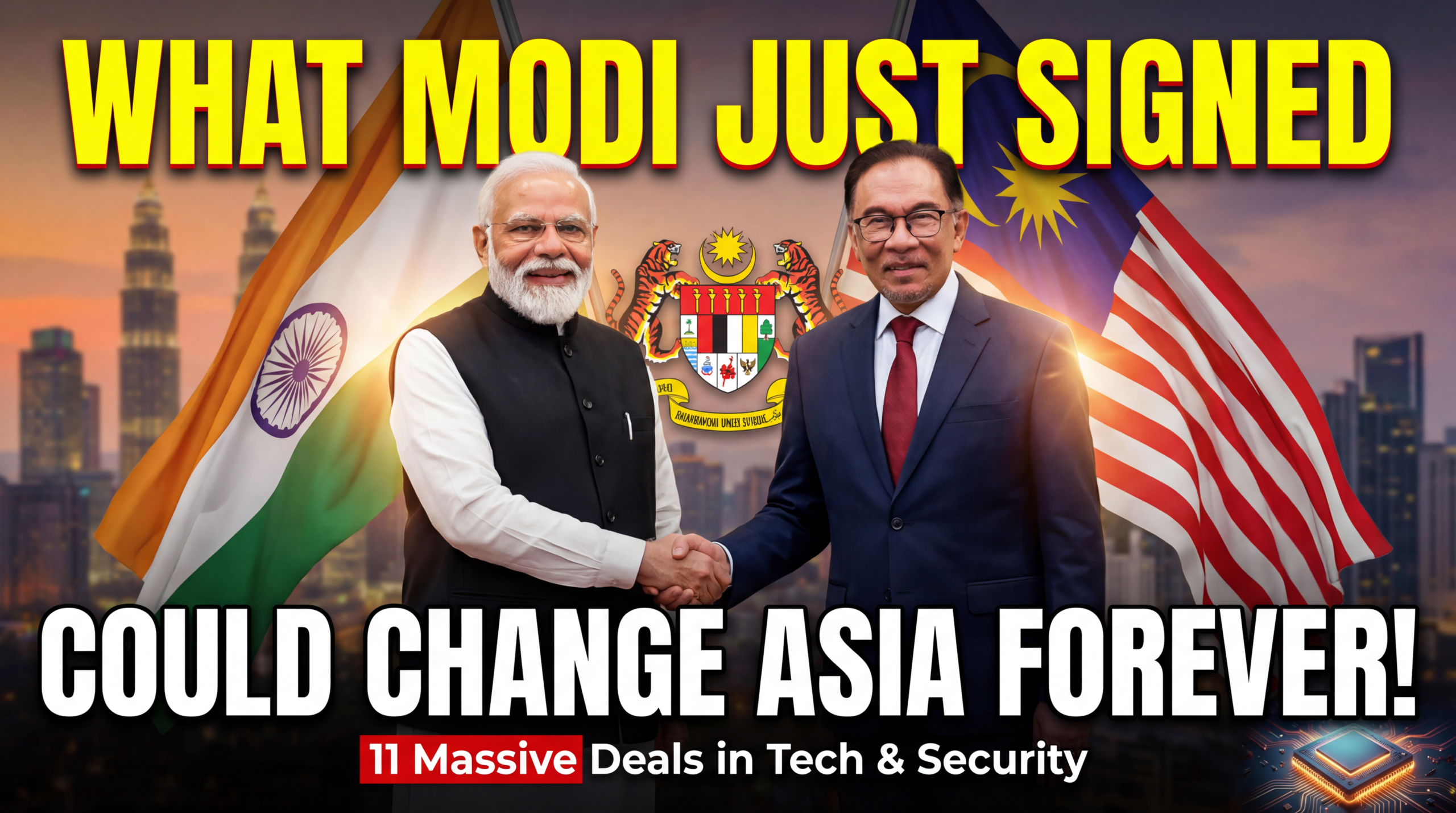मुख्य शीर्षक (ऊपर - बड़ा पीला): मोदी ने अभी क्या साइन किया उप-शीर्षक (बीच/नीचे - बहुत बड़ा सफ़ेद): यह एशिया को हमेशा के लिए बदल सकता है! छोटा सबटेक्स्ट (नीचे लाल): टेक, सुरक्षा और व्यापार में 11 गेम-चेंजिंग डील
