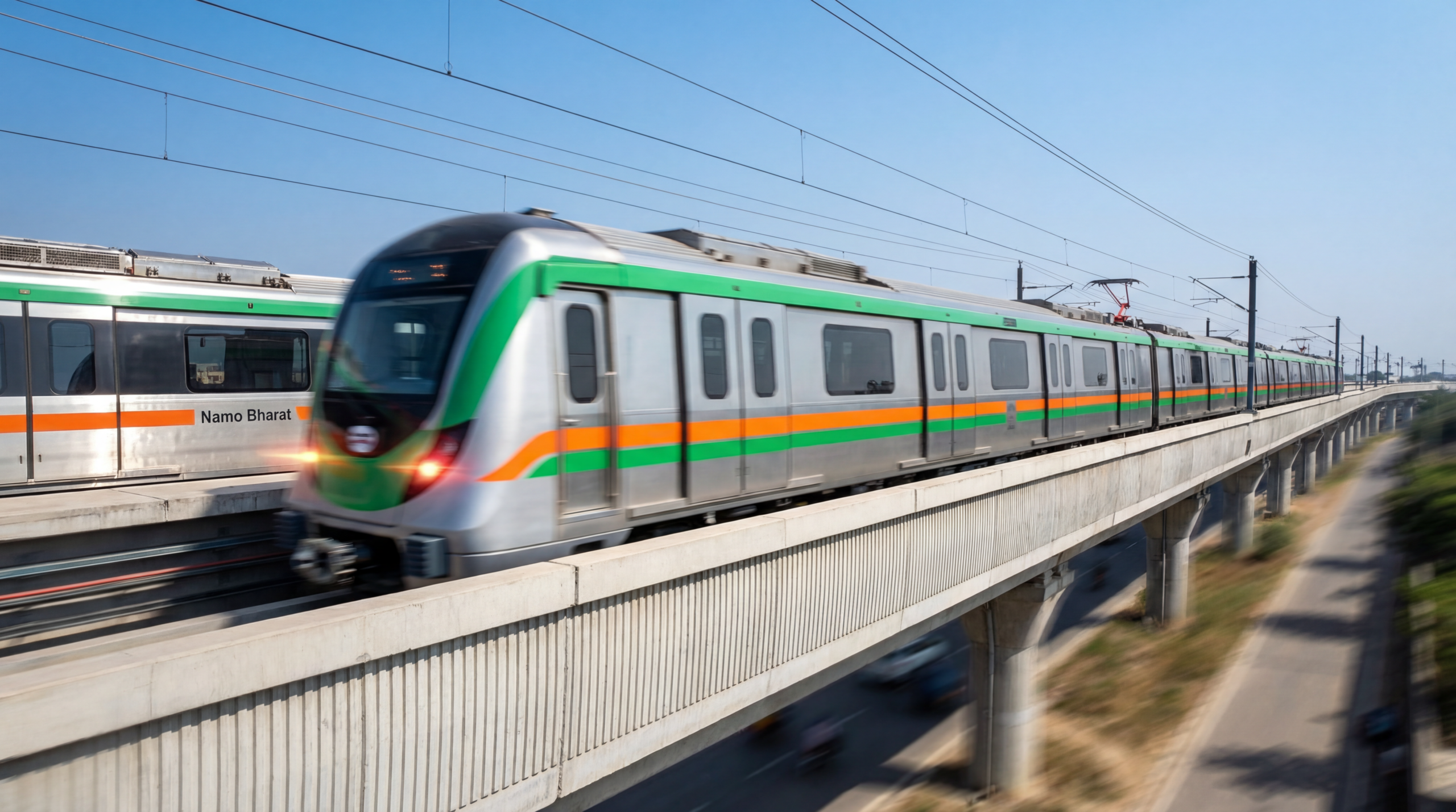 एलिवेटेड ट्रैक पर हाई-स्पीड मेरठ मेट्रो ट्रेन का बाहर का नज़ारा, जिसमें सिग्नेचर ग्रीन और ब्लू रंग है, जो मेरठ-RRTS कॉरिडोर के मॉडर्न इंफ्रास्ट्रक्चर को दिखाता है।