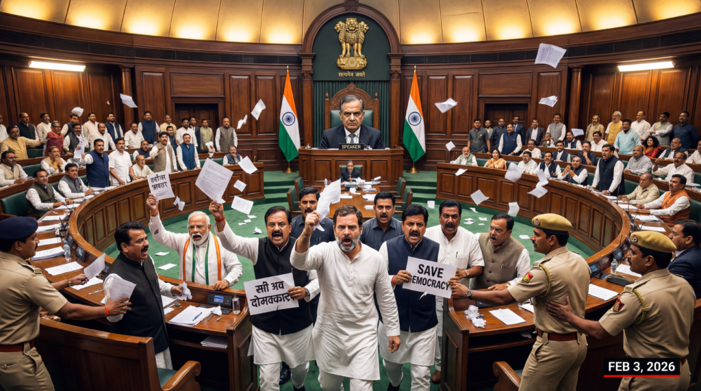 ऊपर की लाइन (बड़े लाल/पीले मोटे अक्षर):
संसद में पूरी तरह अफरा-तफरी!
नीचे की लाइन (लाल आउटलाइन के साथ सफेद):
8 विपक्षी सांसदों को सस्पेंड किया गया
राहुल गांधी ने ज़ोरदार विरोध प्रदर्शन का नेतृत्व किया!