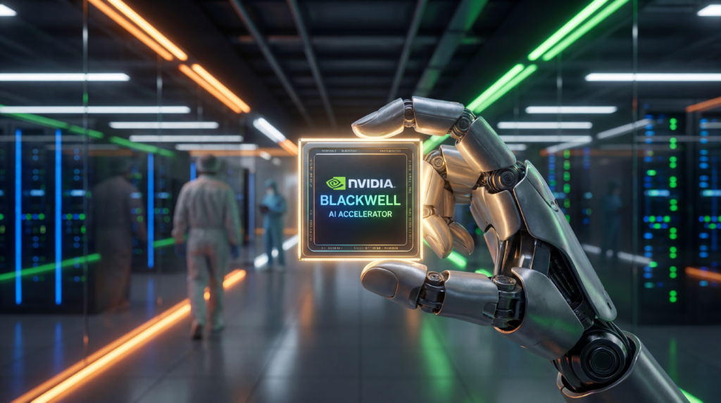 A high-tech Nvidia Blackwell AI chip being integrated into a modern Indian data center, symbolizing the $2 billion sovereign AI investment.