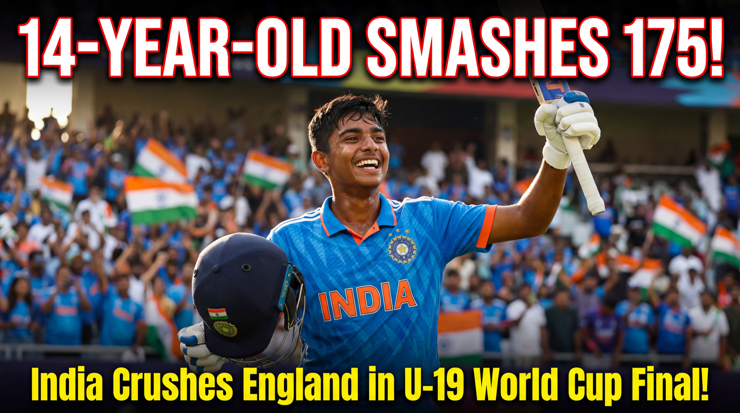 ऊपर की लाइन (बड़ी बोल्ड): 14 साल के लड़के ने 175 रन बनाए! नीचे की लाइन (थोड़ी छोटी): वर्ल्ड कप फाइनल में भारत ने इंग्लैंड को हराया