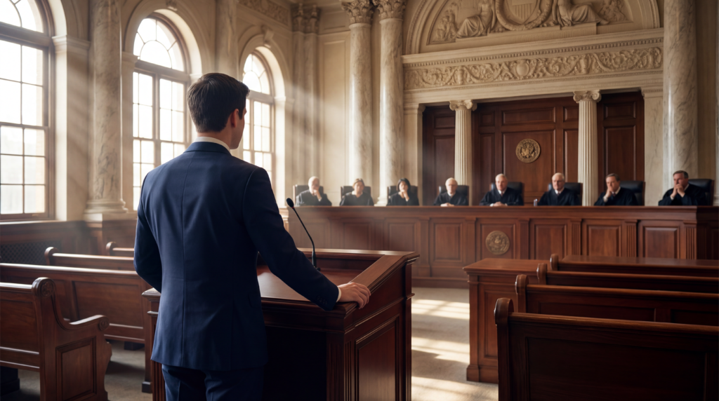 एक नौजवान, जो एक फ़ॉर्मल कोर्टरूम में सुप्रीम कोर्ट के जजों के पैनल के सामने केस लड़ रहा है।