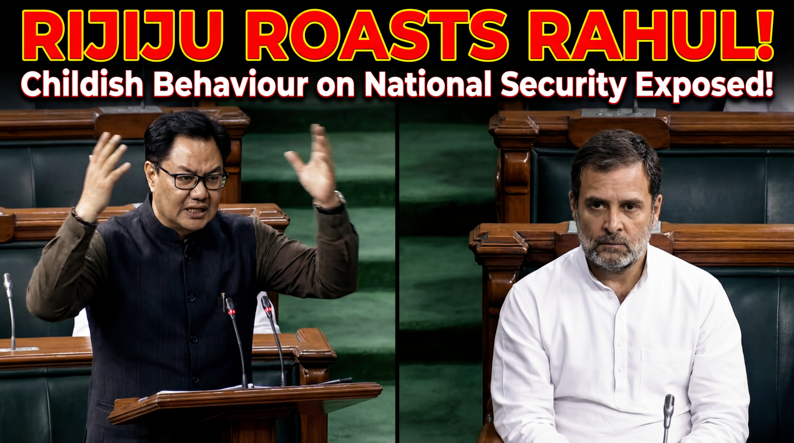 ALT टेक्स्ट (बोल्ड हेडलाइन ओवरले में): रिजिजू ने राहुल को रोस्ट किया!