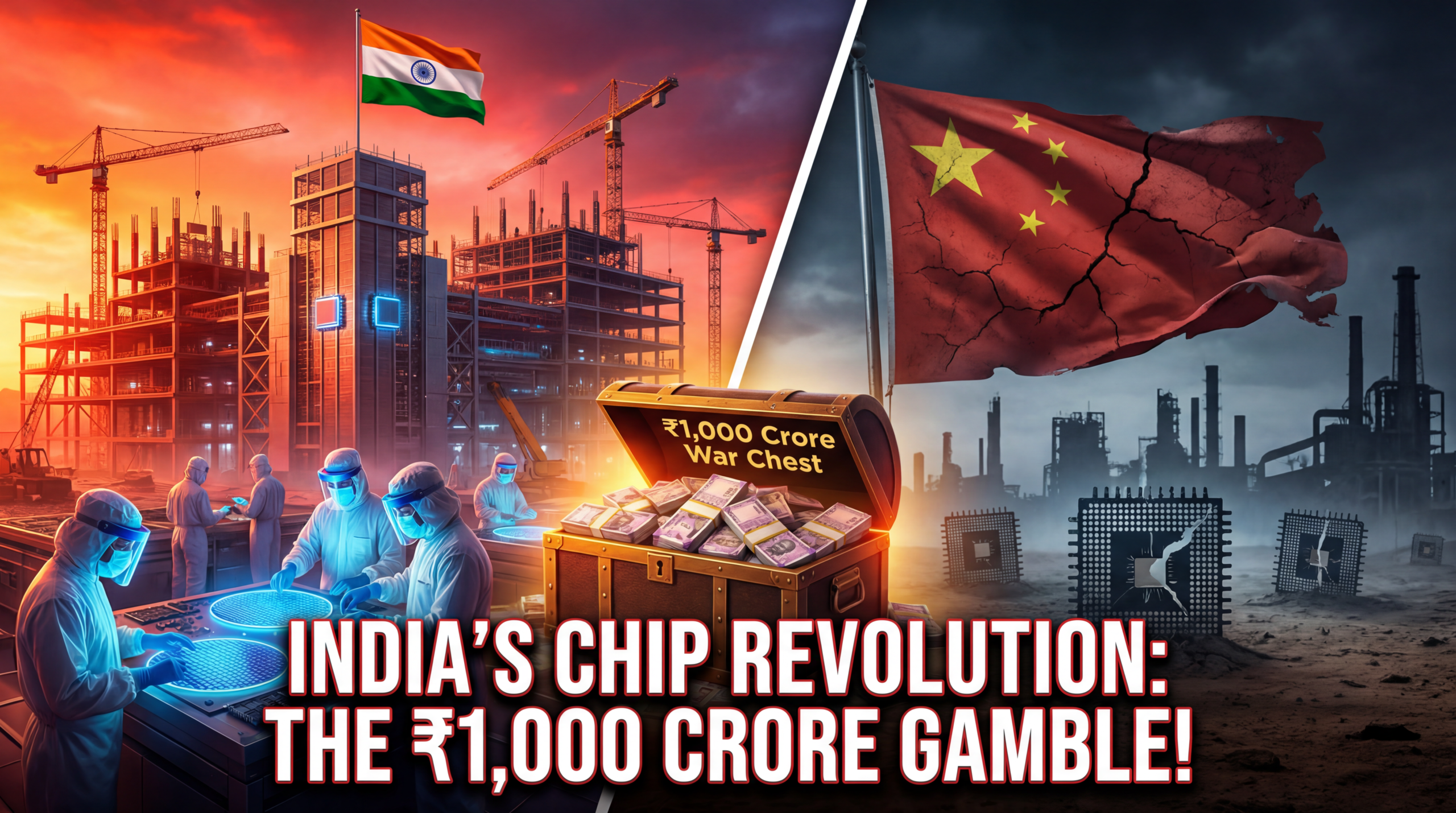 मुख्य शीर्षक (बड़ा बोल्ड टेक्स्ट, नीचे बीच में): भारत का ₹1,000 करोड़ का चिप युद्ध! उपशीर्षक (नीचे छोटा टेक्स्ट): चीन का दबदबा खतरे में!