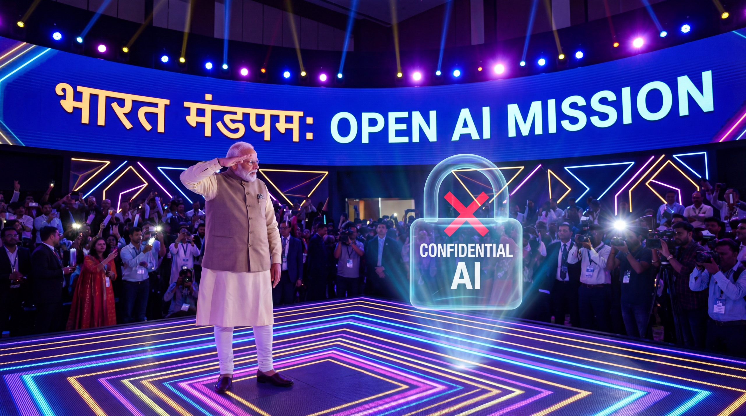 Prime Minister Narendra Modi, speaking at a high-tech stage at Bharat Mandapam, strongly cautions against "secret alignment." The screen behind reads "Open Alignment Mission.