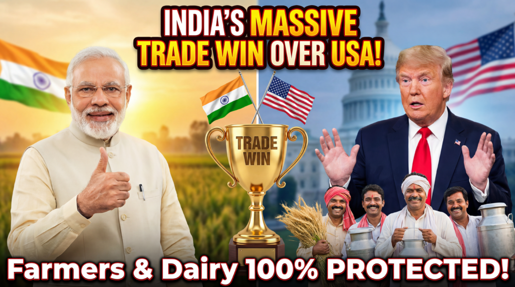 ऊपर की लाइन (बड़ी, बोल्ड लाल/पीली): भारत की USA पर ज़बरदस्त व्यापारिक जीत!
नीचे की लाइन (लाल आउटलाइन के साथ बोल्ड सफ़ेद): किसान और डेयरी 100% सुरक्षित!