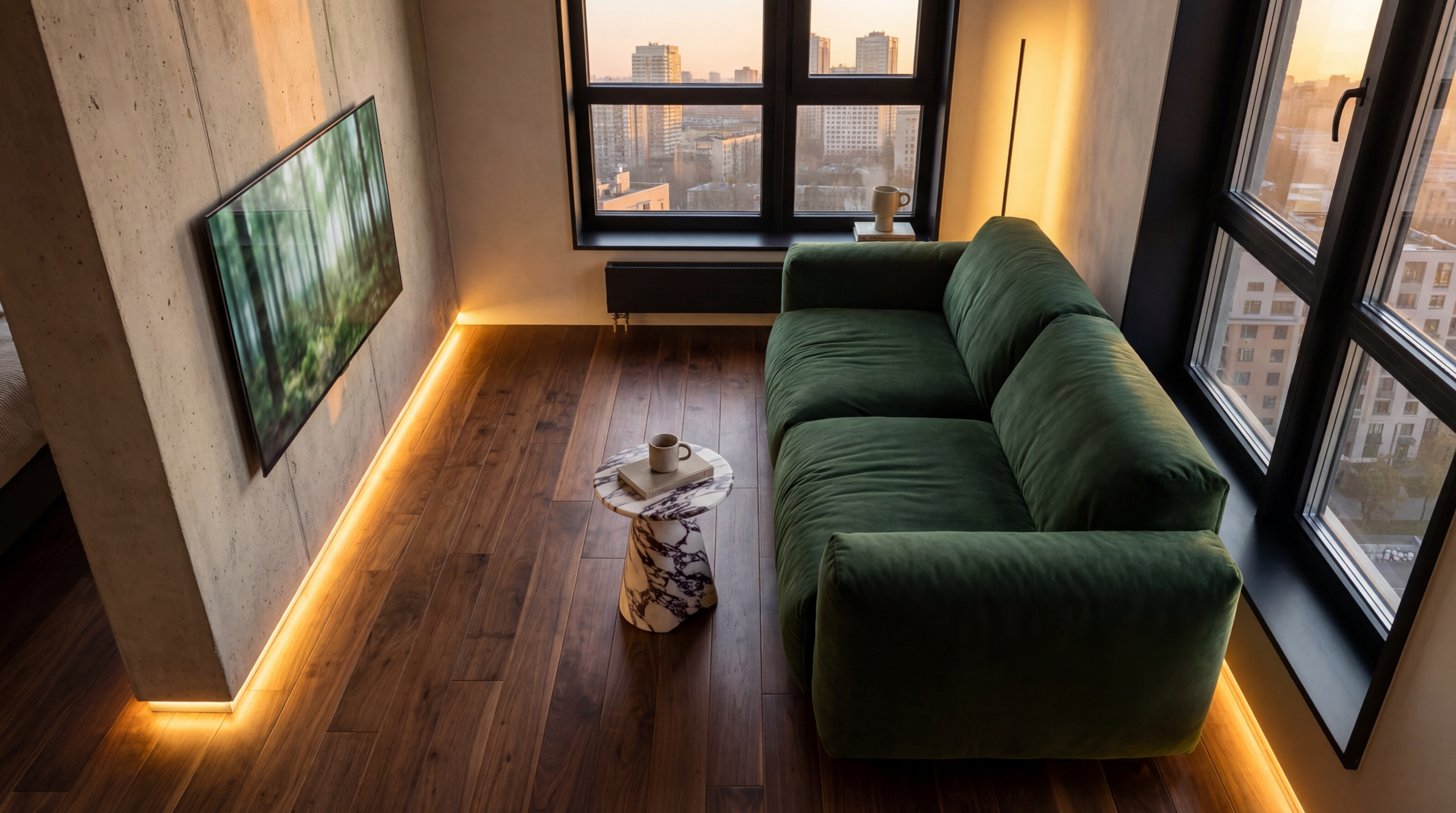 एक छोटा लग्ज़री लिविंग रूम जिसमें घुमावदार हरा वेलवेट सोफ़ा, बैंगनी रंग की मार्बल टेबल और एक डिजिटल आर्ट वॉल पैनल है।