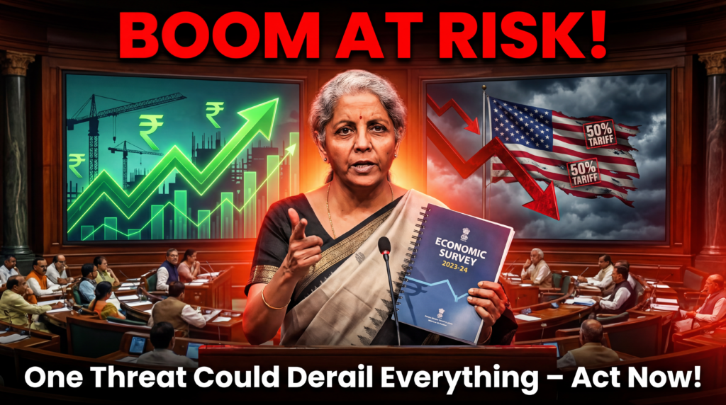 ऊपर का टेक्स्ट (बड़ा बोल्ड लाल): तेज़ी से बढ़ती अर्थव्यवस्था खतरे में!
नीचे का टेक्स्ट (सफेद और लाल आउटलाइन): अमेरिकी टैरिफ सब कुछ बर्बाद कर सकते हैं – भारत को अभी क्या करना चाहिए!