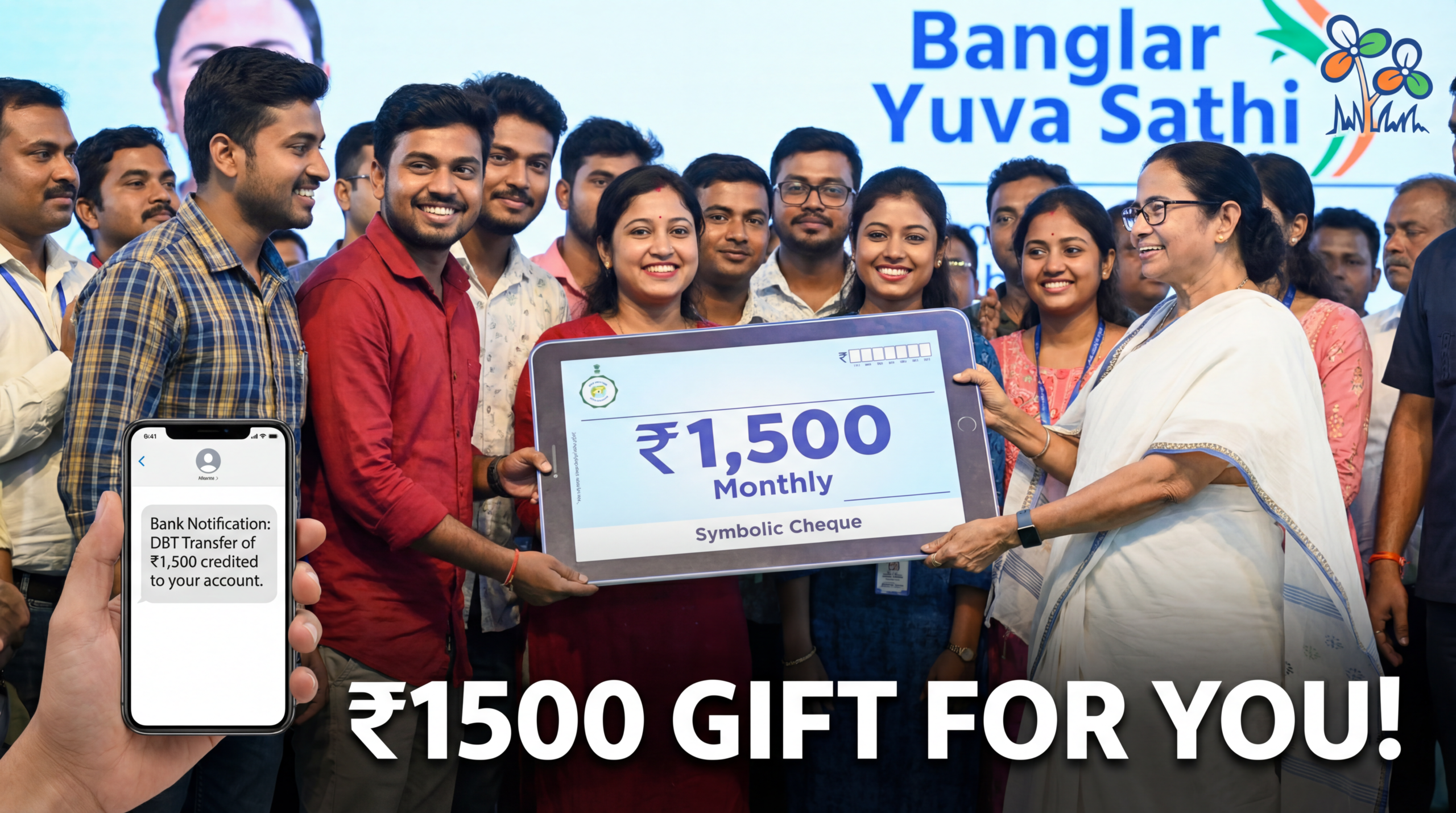 पश्चिम बंगाल की CM ममता बनर्जी, फाइनेंशियल मदद के डॉक्यूमेंट्स लिए खुश युवा स्टूडेंट्स के एक ग्रुप के साथ बांग्लार युवा साथी स्कीम लॉन्च कर रही हैं।