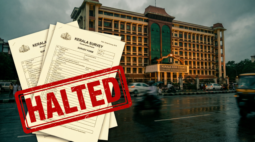 A red "Halted" stamp over Kerala government survey documents with the High Court building in the background.