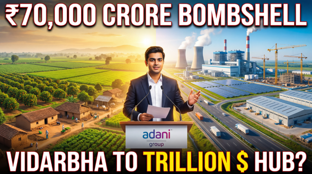 मुख्य हेडलाइन (ऊपर, बड़े बोल्ड): ₹70,000 करोड़ का बड़ा खुलासा!
सबलाइन (नीचे, मीडियम बोल्ड): विदर्भ → भारत का अगला ट्रिलियन-डॉलर हब?