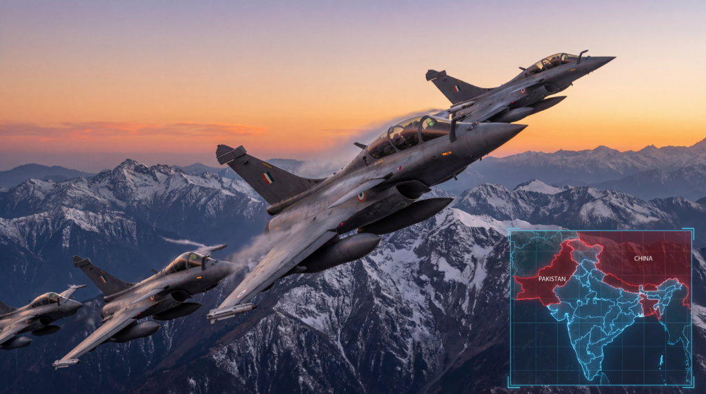 इंडियन एयर फ़ोर्स के रफ़ाल फ़ाइटर जेट्स का एक स्क्वाड्रन हिमालय के ऊपर उड़ रहा है, जो रीजनल कॉम्पिटिटर्स के ख़िलाफ़ भारत के ₹3.6 लाख करोड़ के डिफ़ेंस अपग्रेड का प्रतीक है।