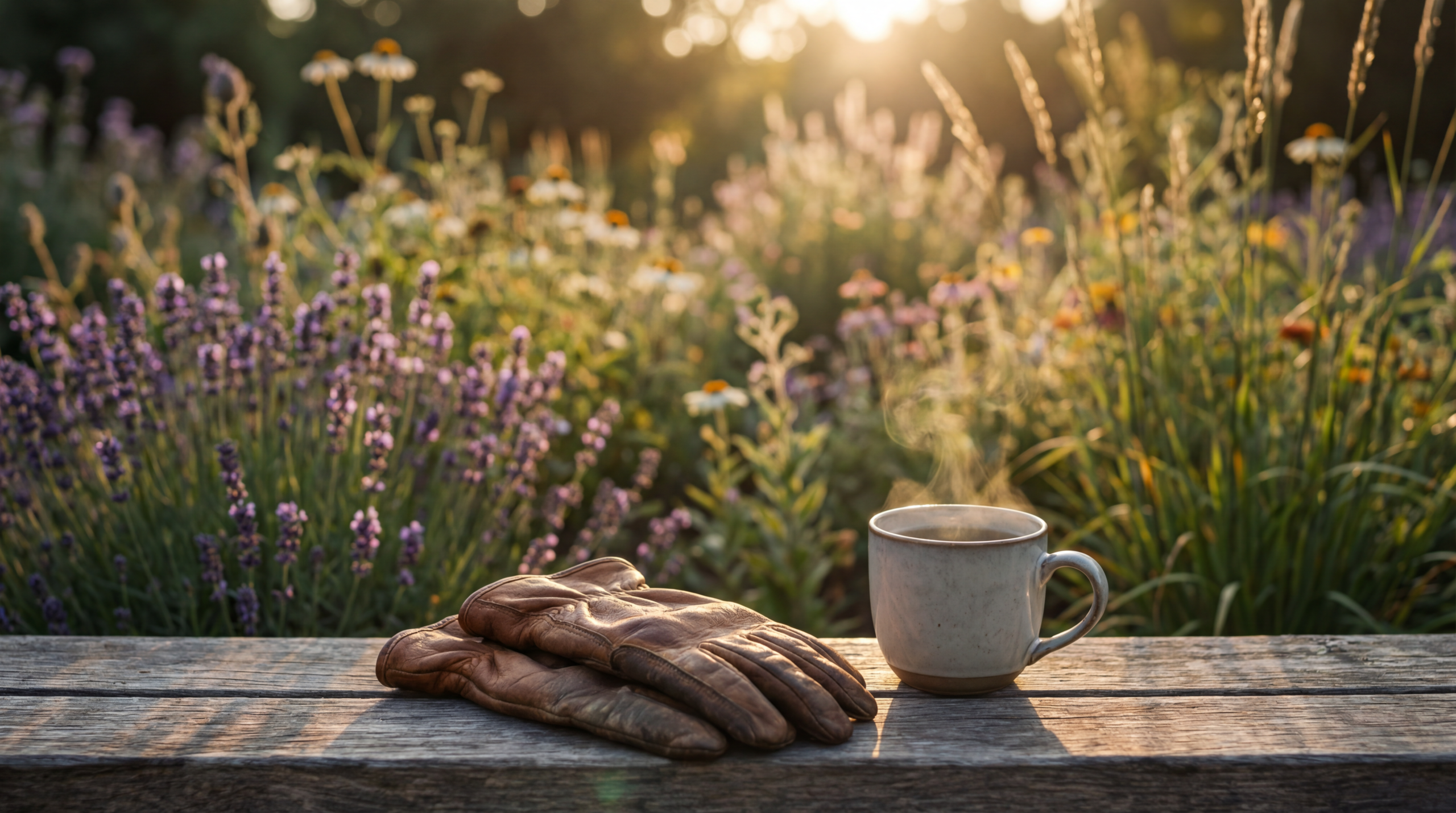 एक शांत, धूप से भरा बगीचा जिसमें देसी फूल, एक लकड़ी की बेंच और गार्डनिंग ग्लव्स हैं, जो धीरे-धीरे गार्डनिंग करने वाली लाइफस्टाइल को दिखाते हैं।