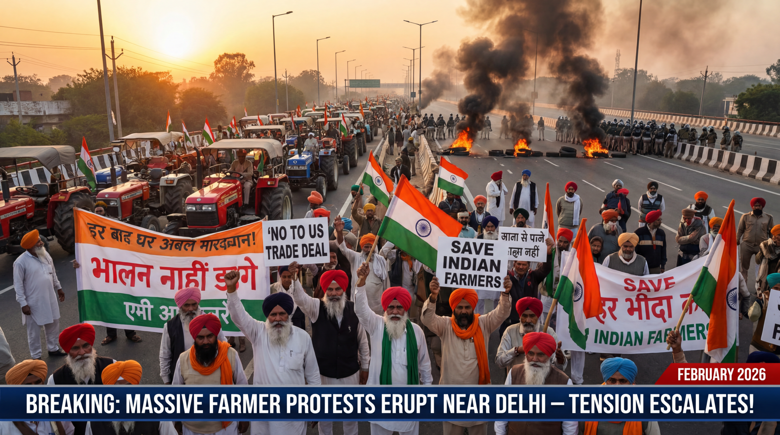 ऊपर की लाइन (बड़े, मोटे सफ़ेद टेक्स्ट जिस पर लाल आउटलाइन है): किसान गुस्से में! नीचे की लाइन (छोटे पीले टेक्स्ट): सीक्रेट अमेरिकी डील को लेकर दंगा करने को तैयार?