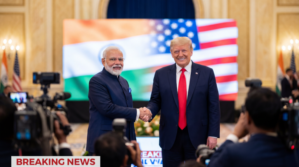 PM Narendra Modi and US President Donald Trump shaking hands during a trade discussion, symbolizing India-US bilateral relations.