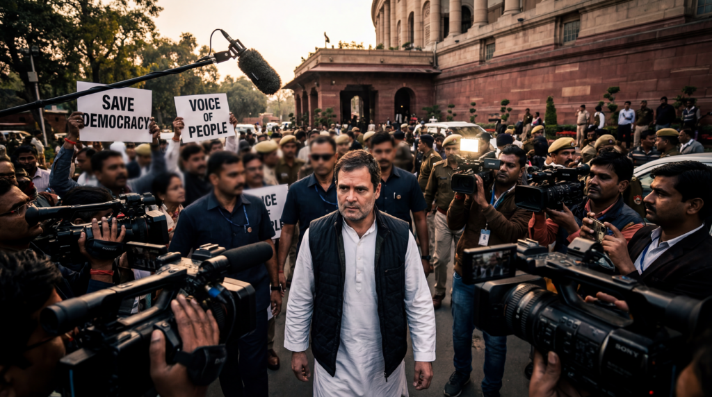 राजनीतिक संकट के दौरान भारतीय संसद की पृष्ठभूमि में राहुल गांधी का नाटकीय क्लोज़-अप।