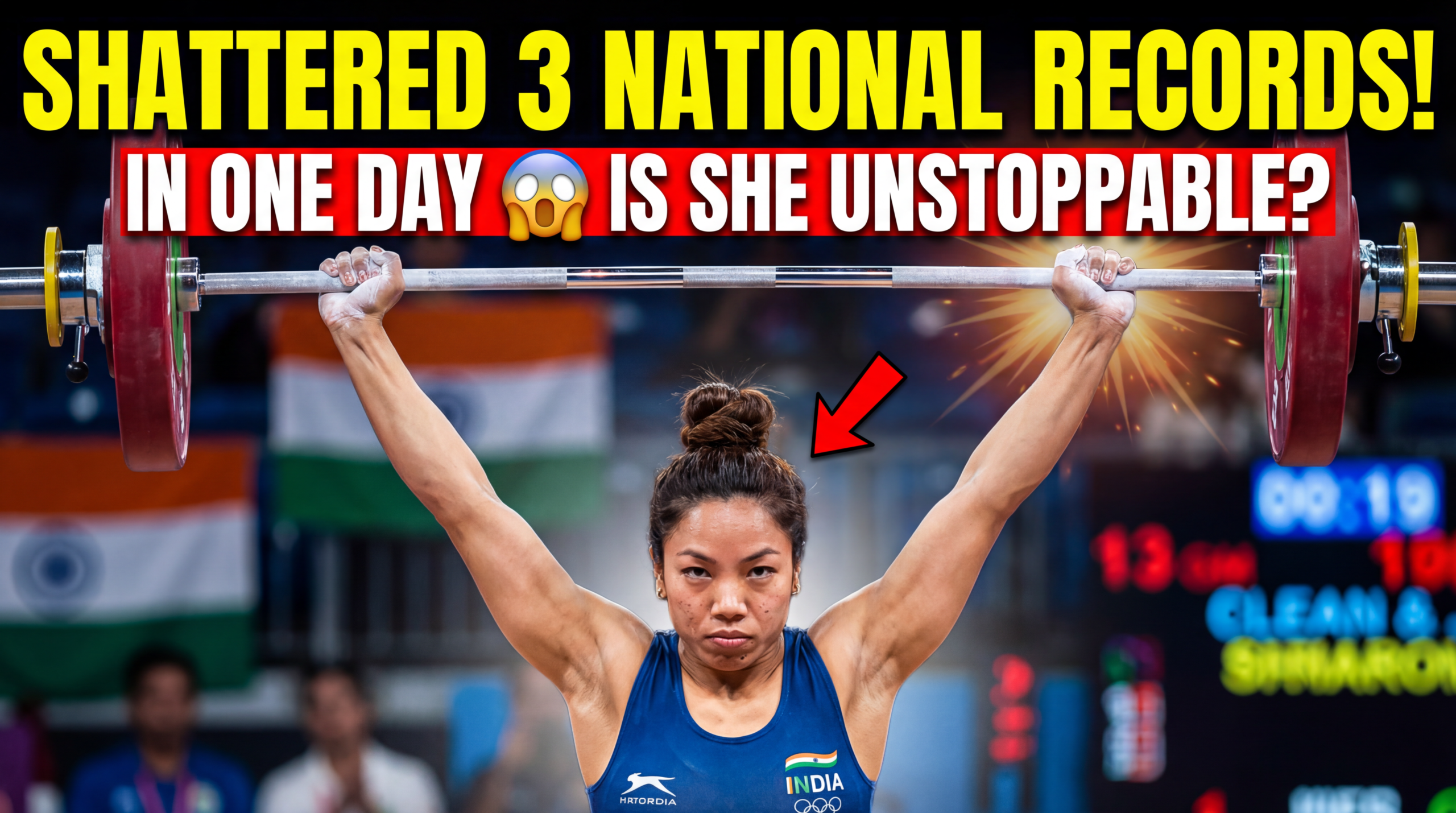 मुख्य शीर्षक (ऊपर): 3 नेशनल रिकॉर्ड तोड़े! उप-शीर्षक (नीचे): एक ही दिन में – क्या वह अजेय है? 😱💪