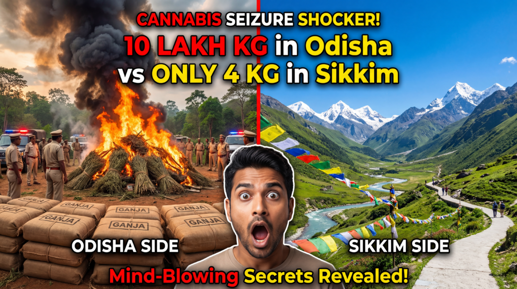 ऊपर का टेक्स्ट: गांजे की ज़ब्ती का चौंकाने वाला मामला!
बीच का मुख्य टेक्स्ट: 10 लाख KG
ओडिशा में
बनाम
सिर्फ 4 KG
सिक्किम में
नीचे का टेक्स्ट: छिपा हुआ सच सामने आया!