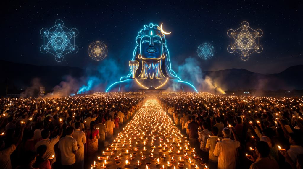 ऐतिहासिक महाशिवरात्रि 2026 के जश्न के दौरान रात में ईशा योग सेंटर में हज़ारों भक्त जलते हुए दीये पकड़े हुए।