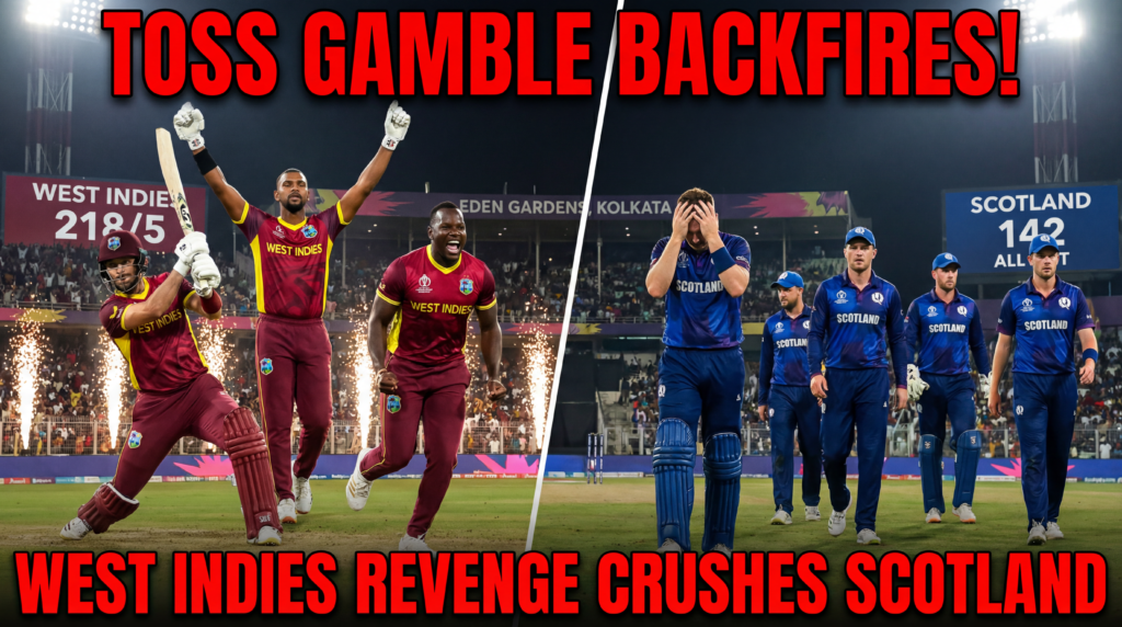 टॉस का जुआ
बुरी तरह उल्टा पड़ा!
वेस्टइंडीज ने कहर बरपाया
स्कॉटलैंड फिर से बुरी तरह हारा
