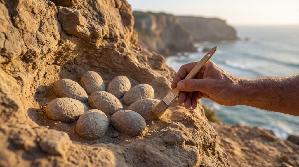 Ten fossilized 150-million-year-old dinosaur eggs embedded in a sandstone block discovered on a coastal cliff in Portugal.
