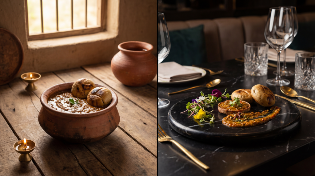 A split image showing a traditional rustic Indian meal in a clay pot next to a modern, premium version of the same dish in a luxury restaurant setting.