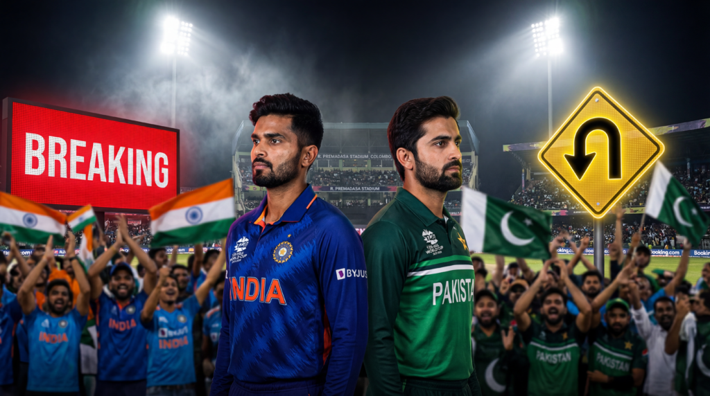 बॉयकॉट हटाए जाने के बाद 2026 T20 वर्ल्ड कप मैच के लिए कोलंबो स्टेडियम में खड़े भारतीय और पाकिस्तानी क्रिकेट कप्तान।