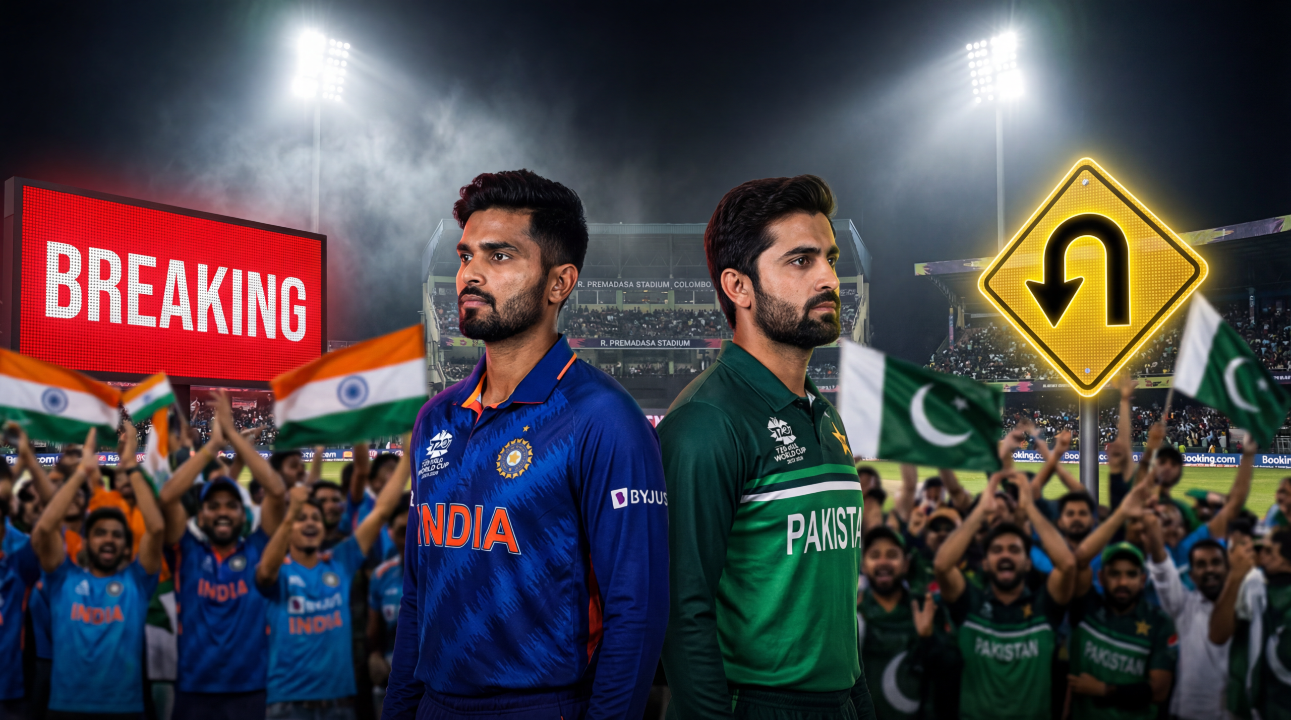 बॉयकॉट हटाए जाने के बाद 2026 T20 वर्ल्ड कप मैच के लिए कोलंबो स्टेडियम में खड़े भारतीय और पाकिस्तानी क्रिकेट कप्तान।