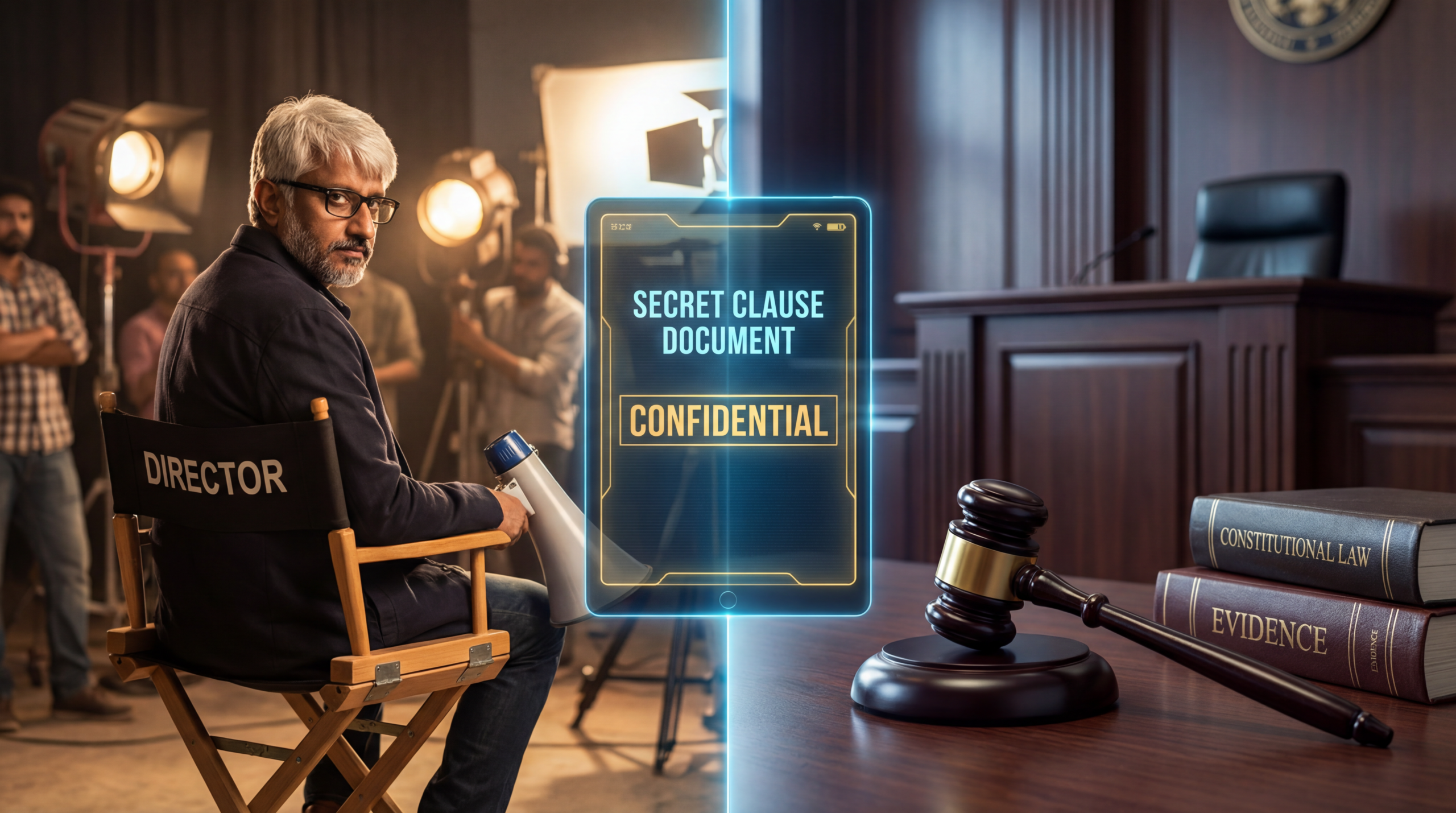 स्प्लिट इमेज में फिल्ममेकर विक्रम भट्ट एक मूवी सेट पर और उनके लेटेस्ट लीगल विवाद को दिखाते हुए कोर्टरूम में एक हथौड़ा दिखाया गया है।