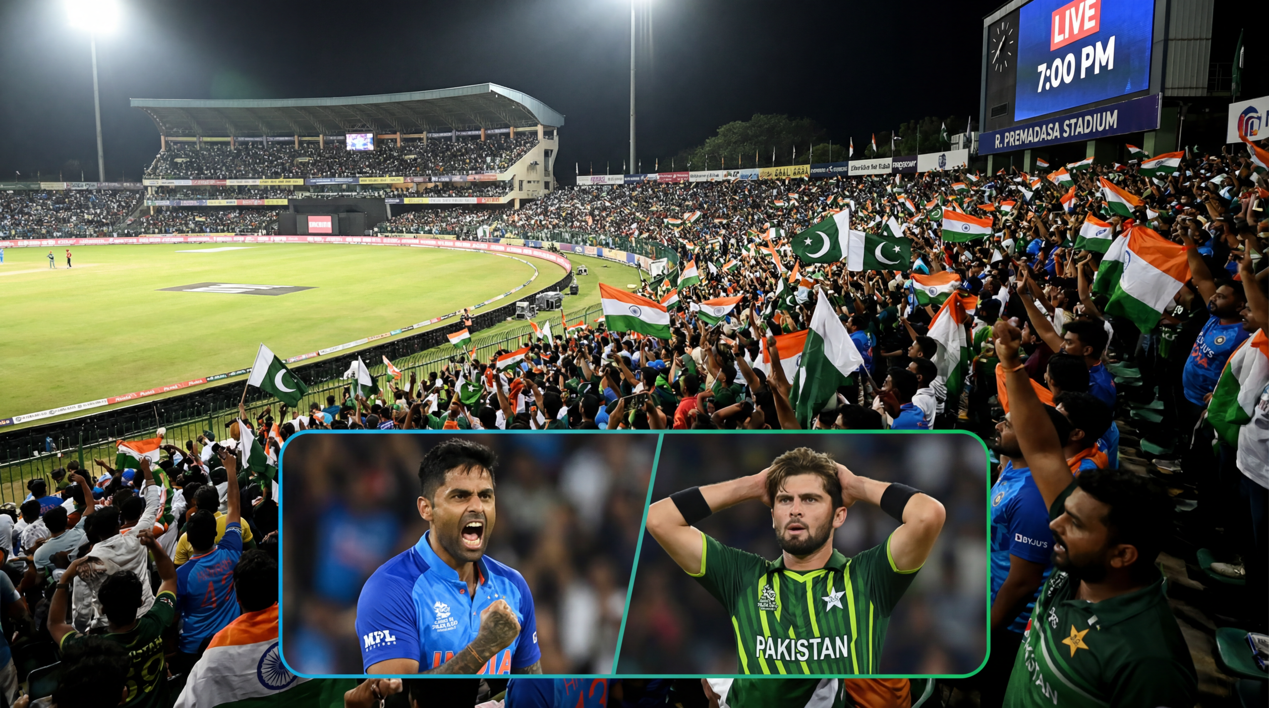 इंडिया और पाकिस्तान के बीच एक हाई-इंटेंसिटी क्रिकेट मैच का सीन, जो लाइट्स के नीचे एक भीड़ भरे स्टेडियम में हो रहा है, जिसमें इमोशनल प्लेयर्स और लहराते हुए झंडे दिख रहे हैं।