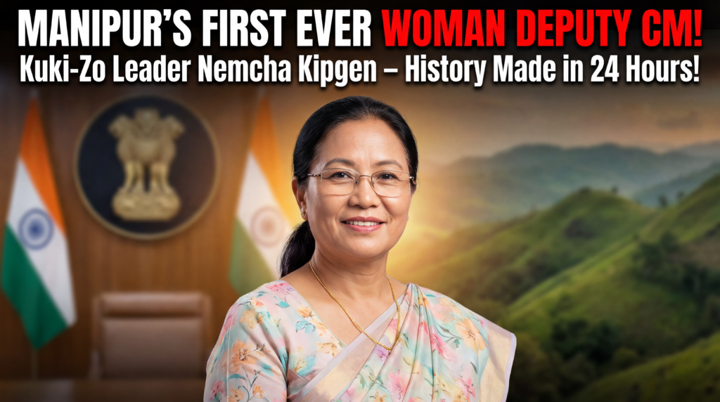मुख्य हेडलाइन (ऊपर, बड़े बोल्ड अक्षरों में):
मणिपुर की पहली महिला डिप्टी सीएम!
सब-हेडलाइन (नीचे, मध्यम बोल्ड अक्षरों में):
कुकी-ज़ो नेता नेमचा किपगेन
24 घंटे में इतिहास रचा गया!
