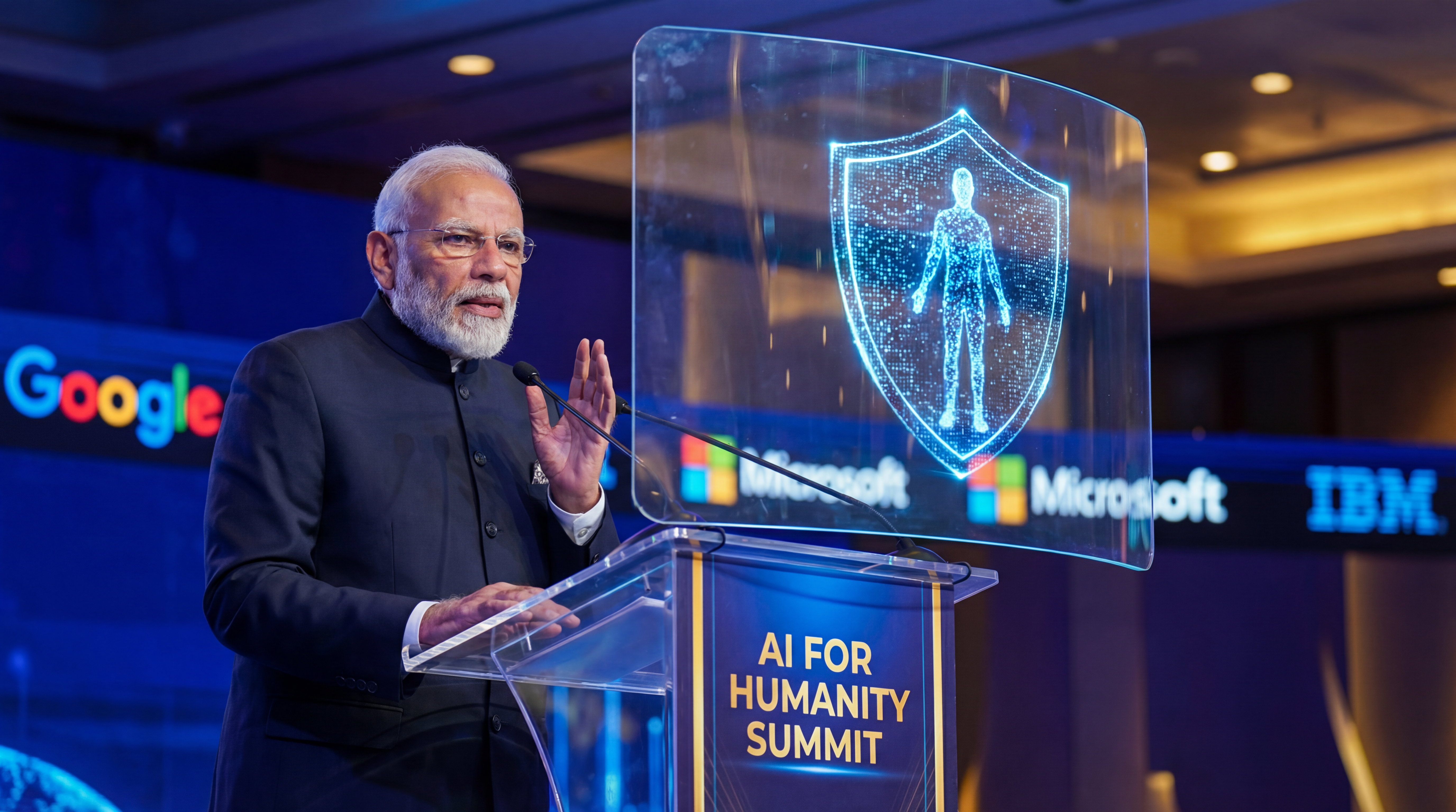 Prime Minister Narendra Modi delivering a speech at the India AI Impact Summit with a holographic data security shield in the background.