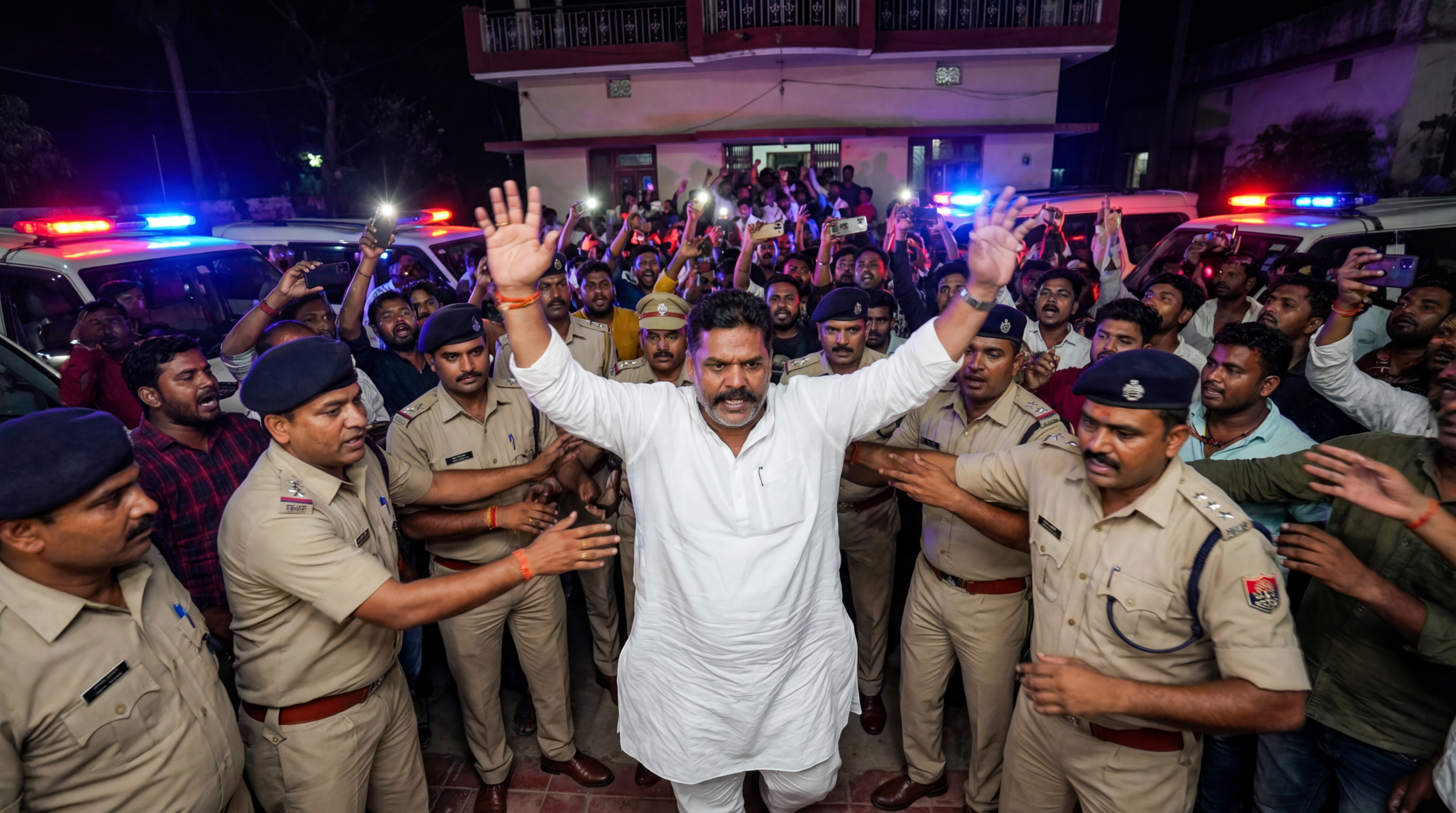 मुख्य शीर्षक (ऊपर/नीचे, बड़े बोल्ड लाल या पीले टेक्स्ट में): "पप्पू यादव गिरफ़्तारी से बच निकले!" उप-शीर्षक (काली आउटलाइन के साथ छोटे सफ़ेद टेक्स्ट में): "नीतीश कुमार की बदले की साज़िश का पर्दाफ़ाश?"