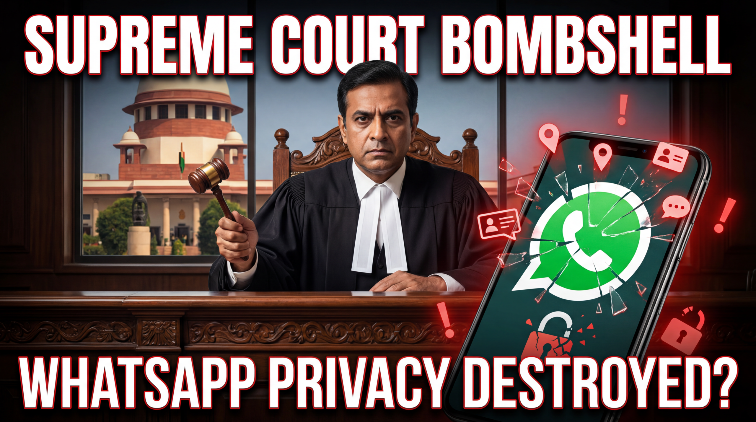 ऊपर का टेक्स्ट: व्हाट्सएप पर सुप्रीम कोर्ट का बड़ा फैसला नीचे का टेक्स्ट: "प्राइवेसी के अधिकारों का सौदा नहीं किया जा सकता!"