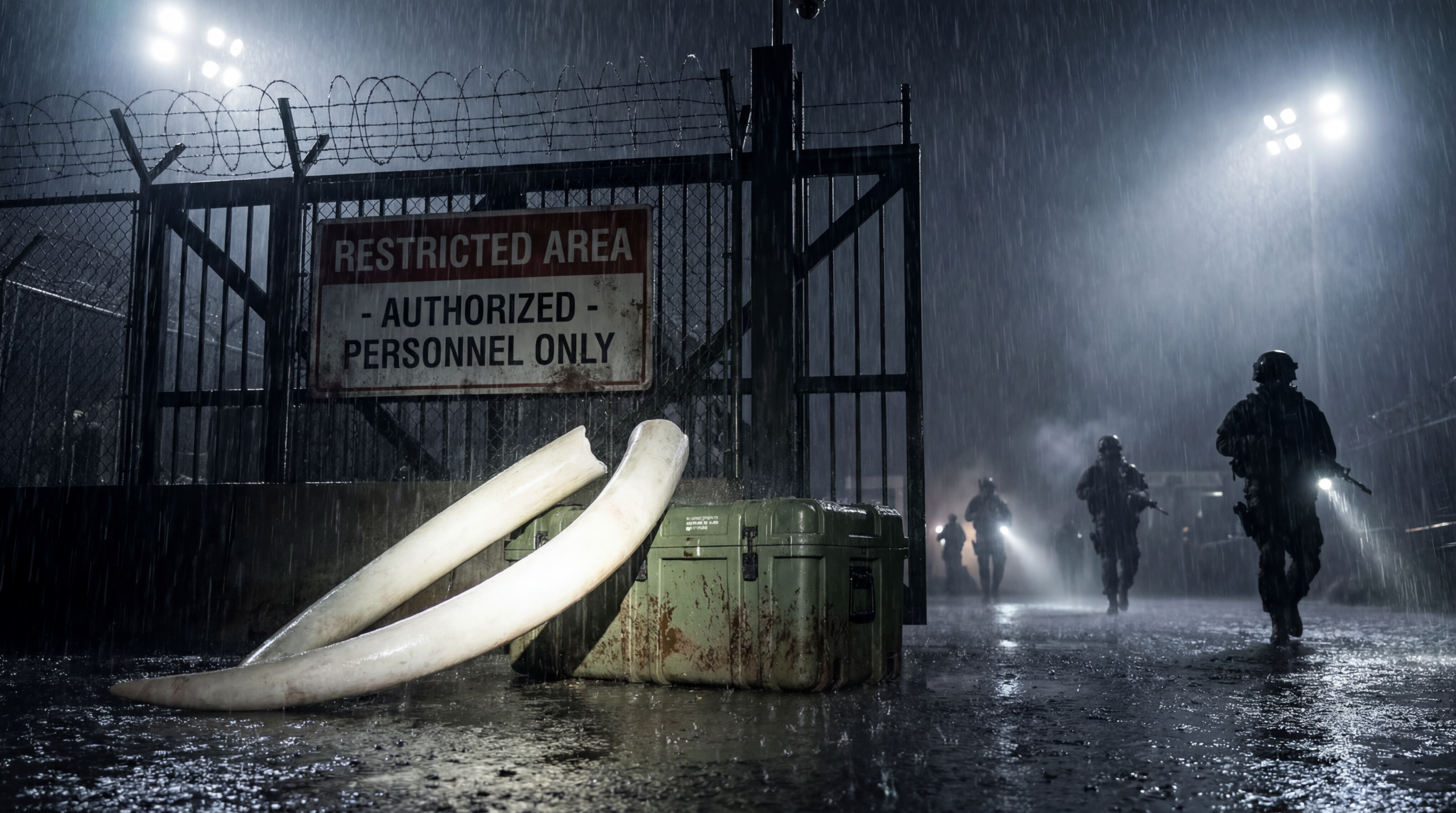 मिलिट्री चेकपॉइंट के पास रखे बड़े हाथी दांत 2 करोड़ के हाथी दांत की चोरी को दिखाते हैं।