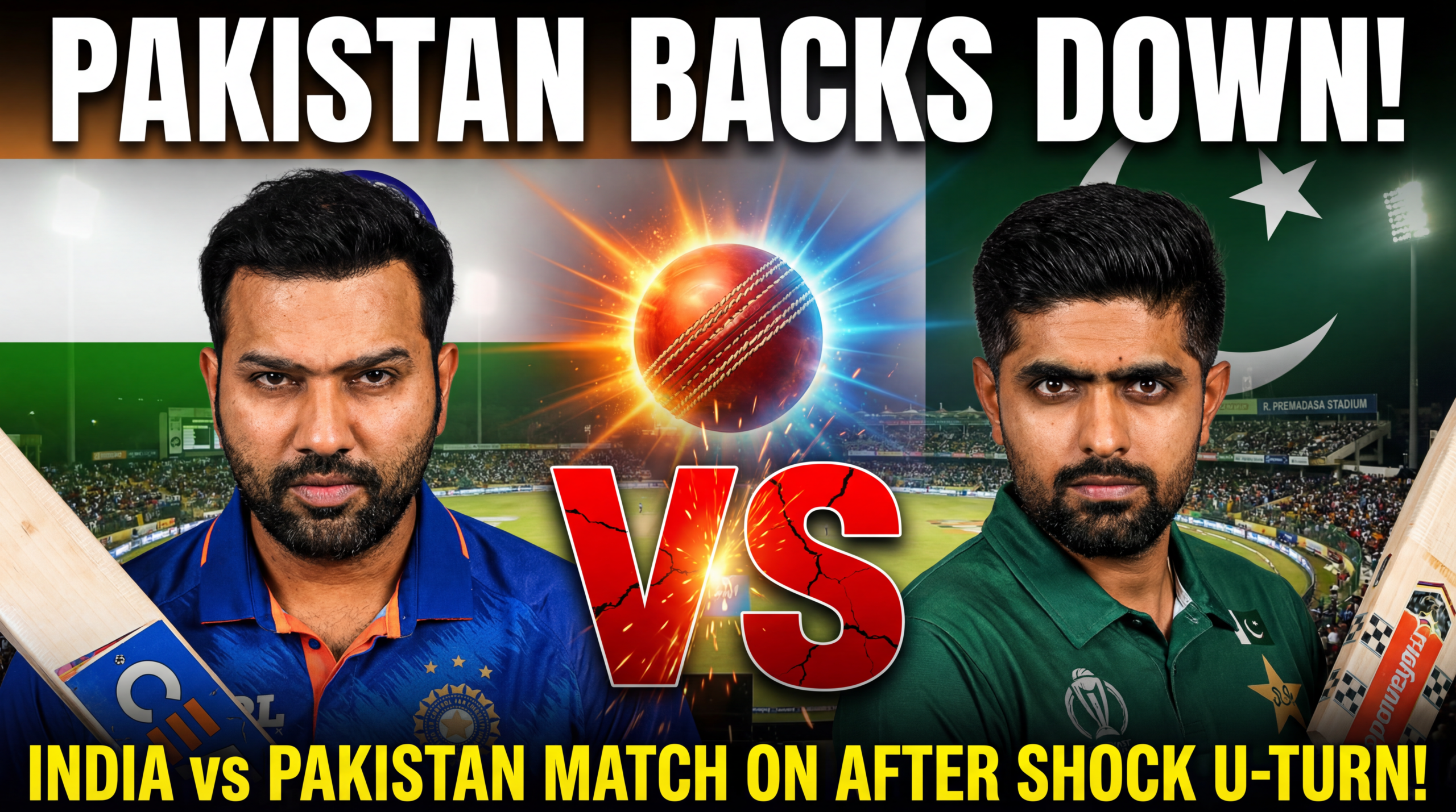 ऊपर की लाइन (लाल आउटलाइन के साथ बड़ा सफ़ेद बोल्ड): पाकिस्तान पीछे हटा! बीच में (चमक के साथ बड़ा लाल): VS नीचे की लाइन (पीला बोल्ड): रात भर के ड्रामे के बाद IND vs PAK मैच शुरू!