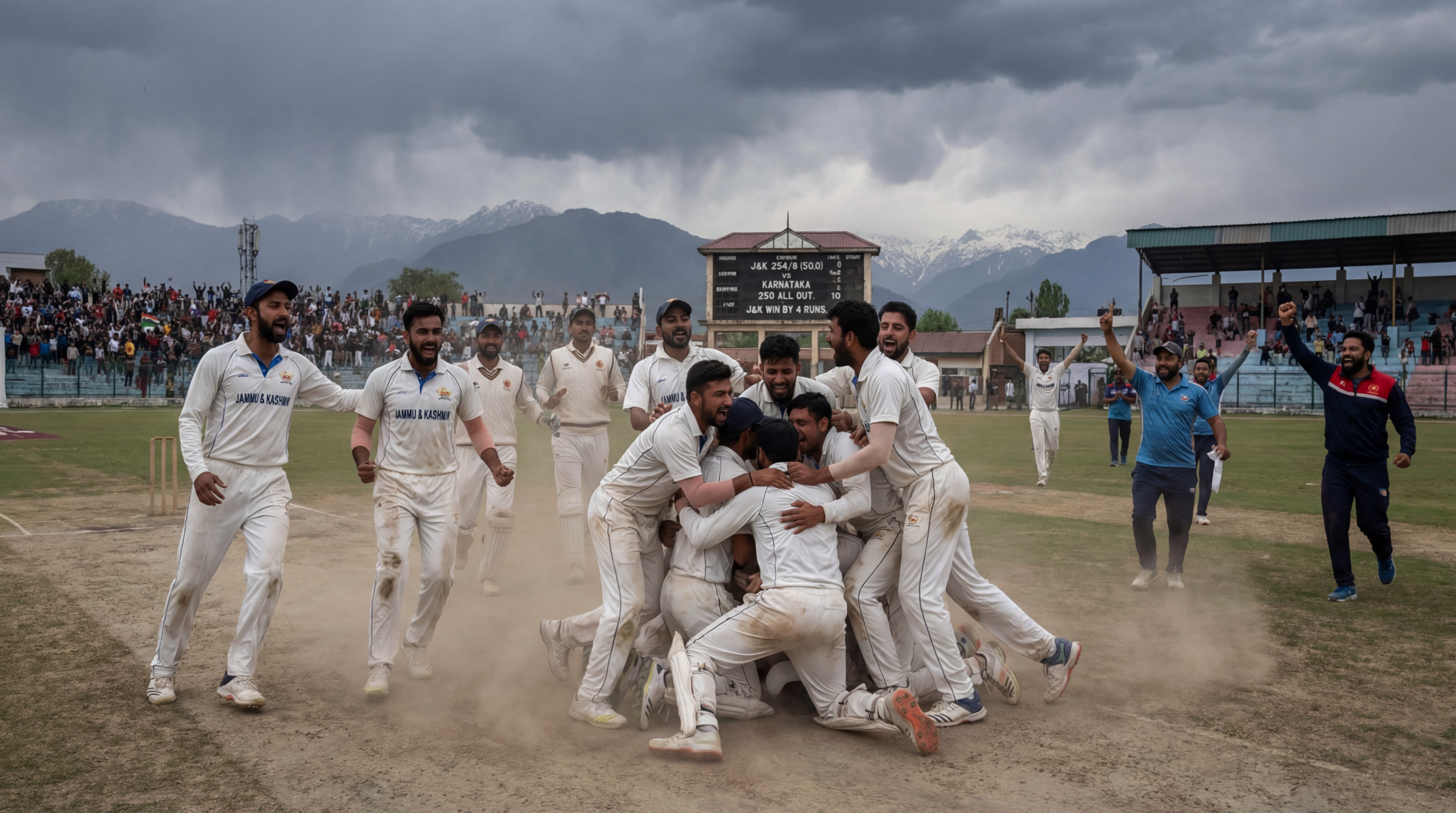 Players of the Jammu and Kashmir cricket team celebrate a big Ranji Trophy match win by hugging and shouting at each other.