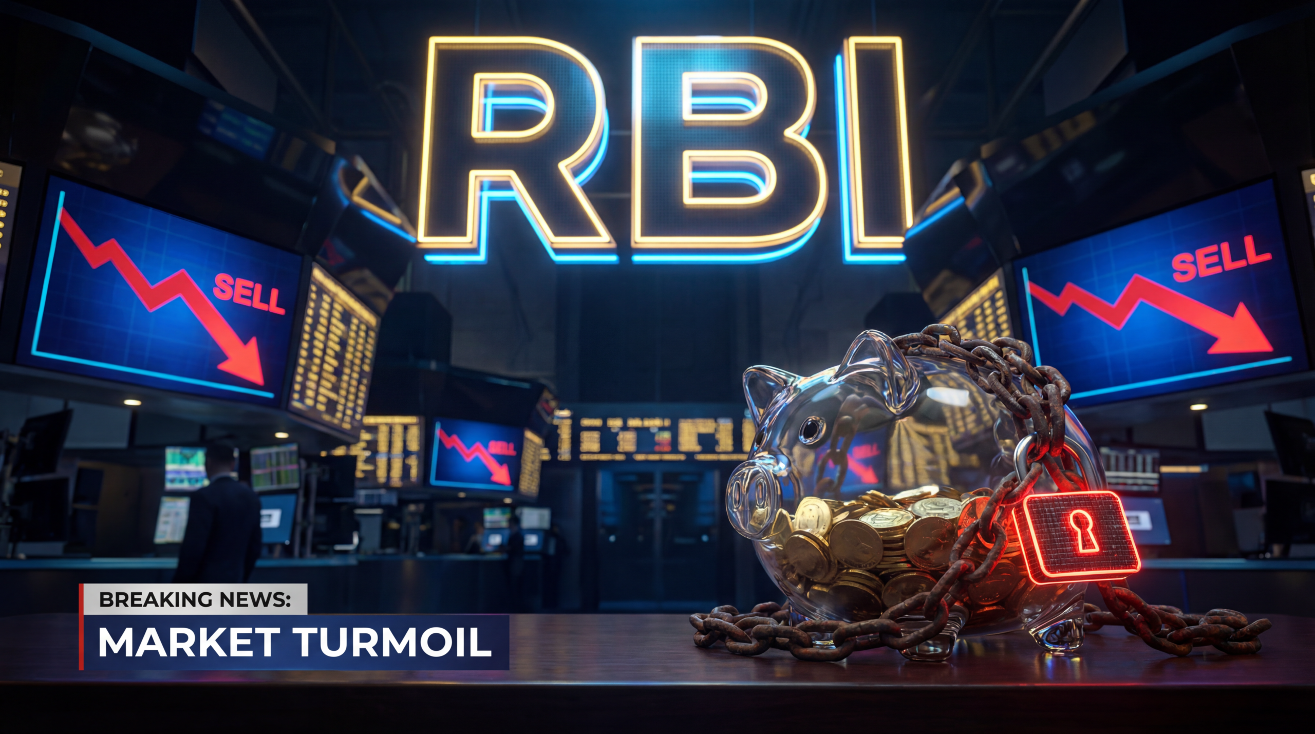 एक डिजिटल RBI लोगो, जो सोने से भरे गुल्लक को जंजीरों से बंद कर रहा है, नए कड़े लोन नियमों और मार्केट के उतार-चढ़ाव को दिखाता है।